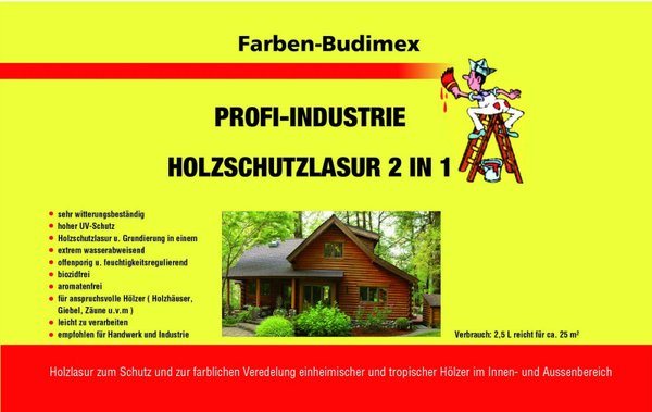 Farben-Budimex Profi Industrie Holzschutzlasur 2 in 1 in verschiedenen Farben